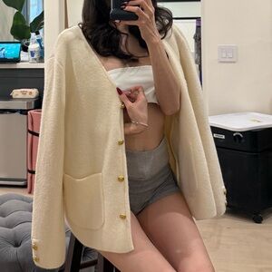 Cream Bouclé Button-Front Jacket with Gold Buttons